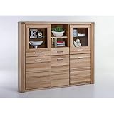 Highboard mit 3 Holztüren, 2 Türen mit Glaseinsatz, 1 Schubkasten und 2 offene Fächer