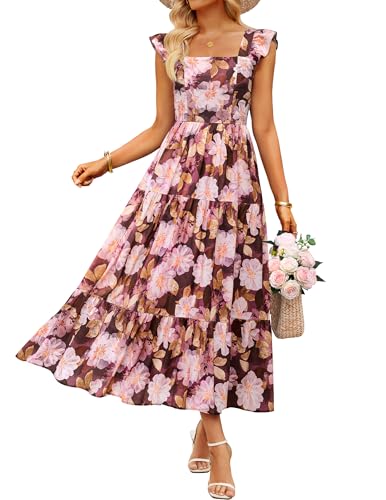 ZESICA Women's Summer Boho Floral Wedding Guest Midi Dresses Brown M