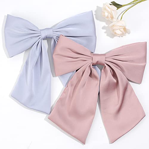 2Pcs Big Satin Hair Bows For Women Girls 10 Inch Barrette Hair Clip Long Pink Blue Silk Ribbon Bride Wedding Bows French Style Hair Accessories (Pink+Blue) #TOP5