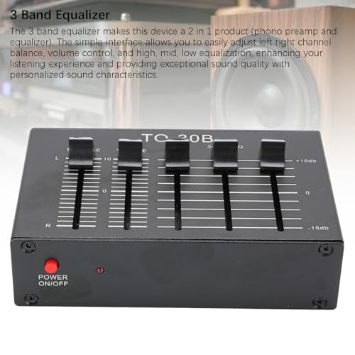Ecualizador de sonido de 3 bandas, ajuste de graves alto de 12 dB, ecualizador digital de audio dual canal, entrada y salida EQ, control de volumen equilibrado con adaptador de 5 V para tocadiscos miniatura 5
