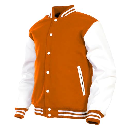 Image of Deckra Men's Varsity Jacket Genuine Leather Sleeve and Wool Blend Letterman Boys College Varsity Jackets XS-5XL