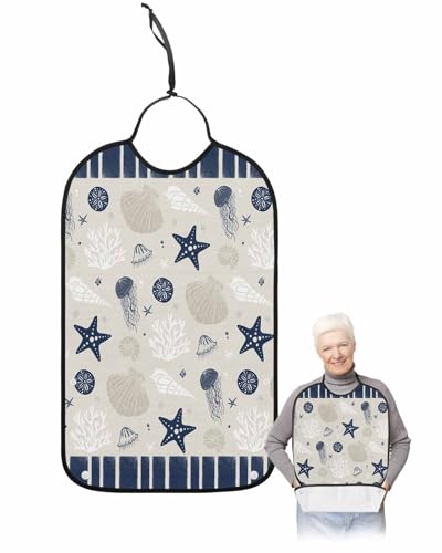 LEOKOTI Navy Blue Coastal Adult Bibs for Eating, Waterproof Bibs with Food Catcher & Adjustable Snap Closure, Ocean Nautical Starfish Coral Striped Washable Clothing Protectors Adult Bibs for Elderly