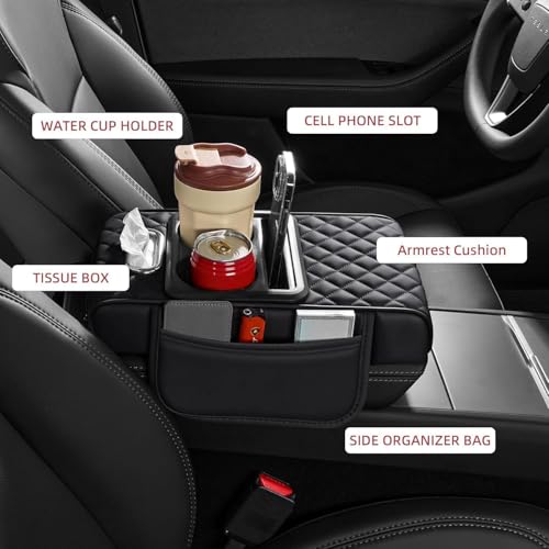 Image of Car Armrest Cushion with Storage, Heightened Padded Centre Console Extender with Quilted Leather-Finish Cover for Car, SUV and Compatible Vehicles, 5 in 1 Center Console Cover