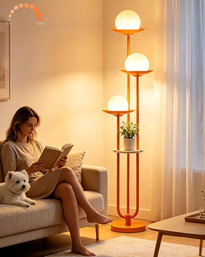 Image of 63IN Globe Floor Lamp with Shelf 3-Lights Modern Dimmable Orange Floor Lamps with 3000K Soft Warm White Bulbs for Wedding /Party, Tall Standing Lamp with 5Lbs Heavy Base for Living Room /Bedroom