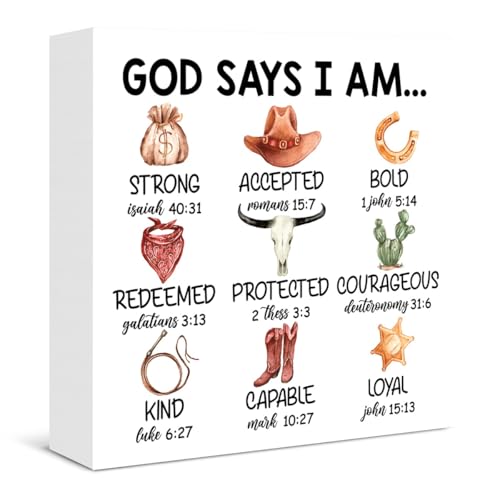 Western Cowboy Decor God Says I Am Cowboy Christian Bible Verses Wooden Box Sign for Toddler Boys Room Bedroom Playroom Nursery Decor Wild West Decorations