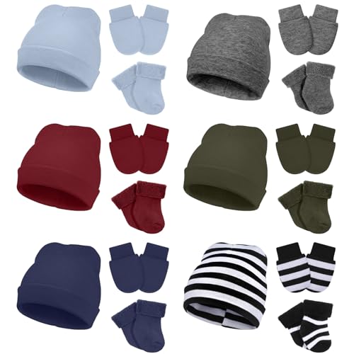 Image of Toulite 6 Pack Preemie Hats Mittens and Socks Set Cotton Preemie Beanie Hat Socks and No Scratch Mittens