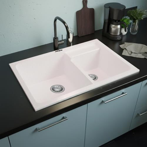Image of ARQUIN Double Bowl Quartz Kitchen Sink 31x18x9 Inch Rosa | Durable & Scratch-Resistant Sink | Undermount,Topmount | Including Coupling,Sink Connector,Waste Pipe & Fruit Washing Basket