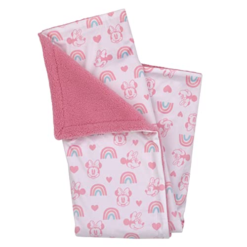 Image of Disney Minnie Mouse White, Pink, and Aqua Rainbows and Hearts Super Soft Sherpa Baby Blanket and Security Blanket 2-Piece Set