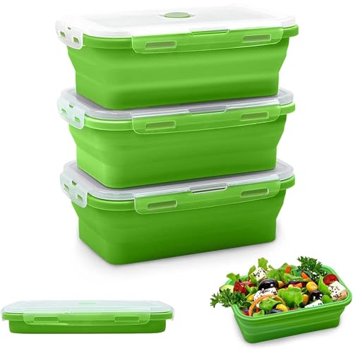Sayudar 3 PCS Collapsible Food Containers - 1200ml Silicone Food Storage Containers Lunch Box with Lids Collapsible Food Boxes Designed 4 Snap-on Buckles BPA Free Microwaveable Green