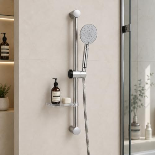 Gny SUR208P-0 Ekonomik Sürgülü Duş Seti 65 cm, Sabunluklu Spiralli Hortumlu Metal Ray Montaj Vidalı