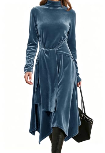 Image of Jayscreate Women's 2023 Long Sleeve Sweater Dress Fall Winter Midi Tie Front Knit High Waist Business Casual Dress