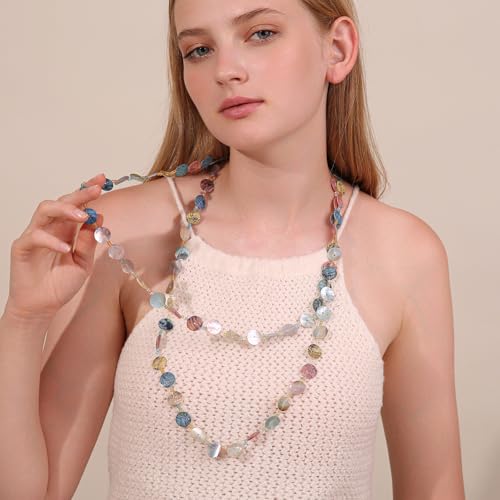 Layered Necklaces for Women, Multi Strand Boho Long Beaded Statement Piece with Shell & Coin Chunky Details3