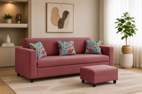 Image of Rosebell 3 Seater Sofa with Ottoman | Living Room Couch | with Printed Cushions | Sofa for Home, Apartment & Office-Rose Pink Color