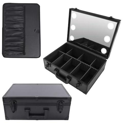 UIdili Multifunctional Cosmetic Organizer, Large Capacity Train Makeup Case, Portable Handheld Travel Organizer with Adjustable LED Lights and Mirror, Load Capacity 15 lbs, Removable Divider Toolkit Cover