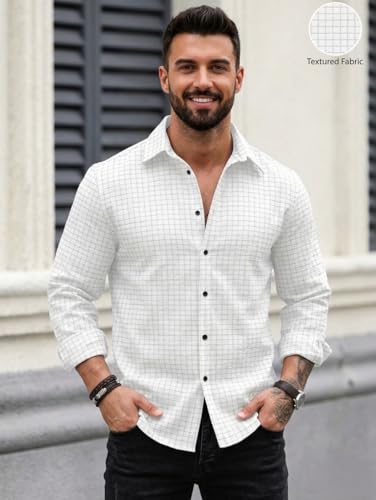 Image of DEELMO Men's Regular Fit Button Down Dress Shirts Textured Long Sleeve Casual Hawaiian Shirt