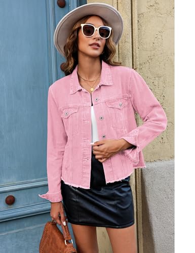 Image of luvamia Denim Jacket for Women Distressed Jean Jackets Button Up Vintage Western Trucker Jacket Frayed Hem Pockets