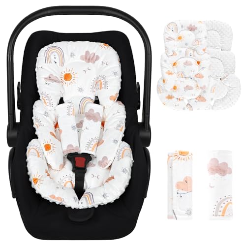 Image of Infant Car Seat Insert, Car Seat Head Support Baby Girls Boys, Soft & Reversible Newborn Carseat Insert Cushion with 2 Strap Covers, for Stroller, Swing, Bouncer (White Boho Rainbow)