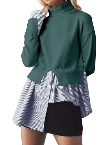 Image of Turtleneck Asymmetrical Sweaters for Women Patchwork 2 in 1 Pullover Knit Sweater Slit Button Down Shirt 2026 Fall