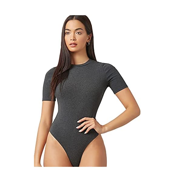 Romwe Women's Short Sleeve Bodycon Round Neck Casual Basic Bodysuit Dark Grey XL