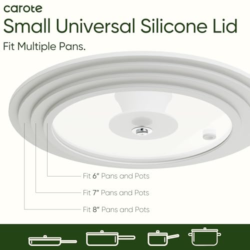 Image of CAROTE 2 PCS Universal Silicone Lid for Pots, Pans and Skillets, Pot Lid fit 6 inch, 7 inch 8 inch & 9.5 inch, 10 inch, 11 inch Diameter Cookware, Pan Cover With Heat Resistant Silicone Rim and Tempered Glass, White