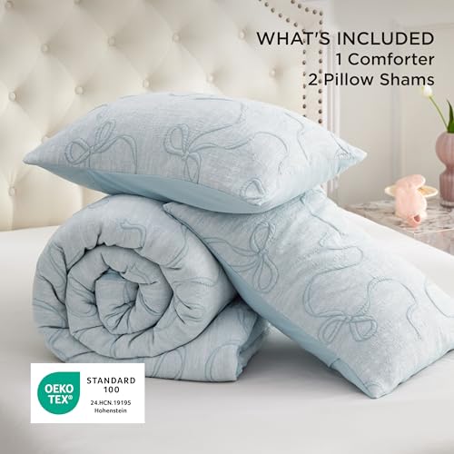 Image of Bedsure Dasty Blue Full Size Comforter Sets for Girls, GentleSoft 3 Pieces Bow Comforter with 2 Pillow Shams, Cute Girls Full Size Bedding Sets Room Decor Aesthetic Bedroom Decor, 82x86 Inches