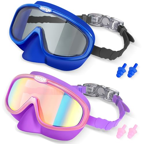 Image of Seago Kids Swim Goggles 2 Pack for 3-12, Anti-Fog Clear View,Toddler Goggles with Nose Cover Swimming Goggles