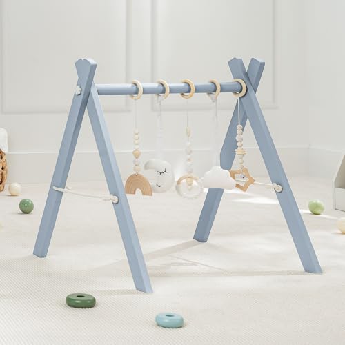 Image of Comfy Cubs Wooden Baby Play Gym - Natural Finish Pinewood Baby Activity Gym with 5 Sensory Hanging Toys - Easy No-Tool Assembly, Safe and Durable for Infant Motor and Visual Development - Pacific Blue