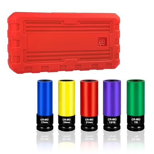 Image of YIYITOOLS 5Pcs 1 /2 inch Drive Lug Nut Socket Set, Color-Coded Thin Wall Deep Impact Sockets, Metric 17mm /19mm /21mm & SAE 13 /16 inch /7 /8 inch, CR-MO Steel, 6-Point, Non-Marring Wheel Protector