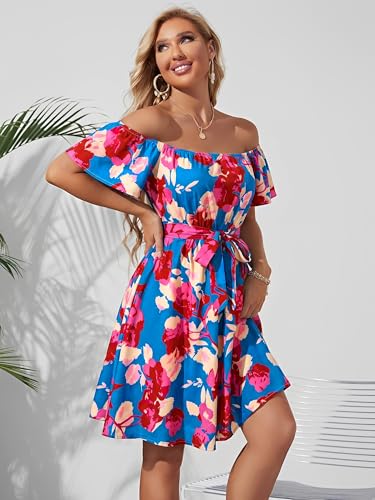 Image of Off Shoulder Ruffle Dress for Women, A-Line Mini Dress with Belt, Fitted Bust Summer Wedding Guest Dress