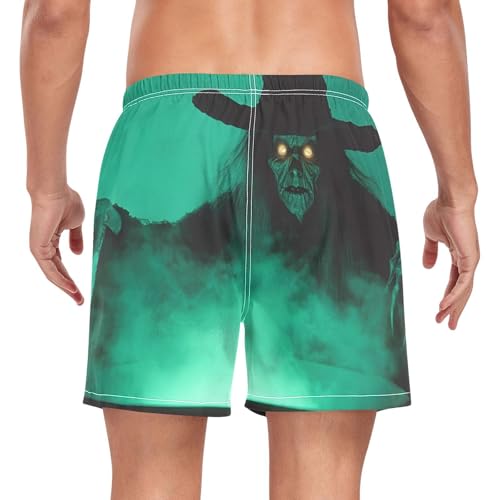 Men's Swim Trunks Witch Scary Green, Quick Dry Beach Board Shorts with Liner, Swimwear Bathing Suits S2
