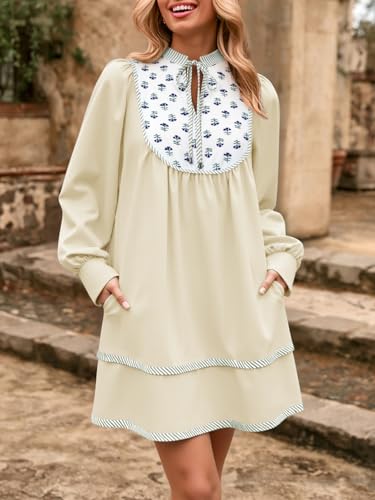 Image of Wenrine Womens Casual Floral Mini Dress Fall Long Sleeve V Neck Patchwork Loose Boho Shirt Dresses