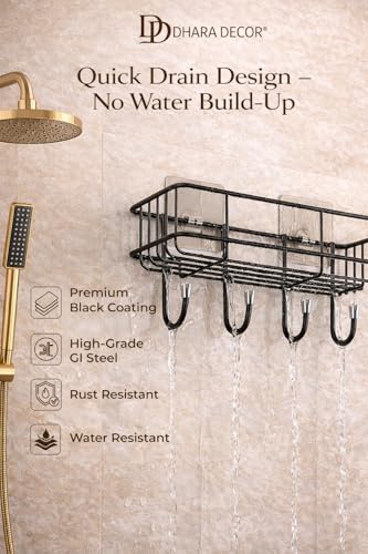 Image of Self Adhesive Multipurpose Bathroom Shelf and Kitchen Storage Rack Wall Mounted Towel Holder with Hooks Magic Sticker Bathroom Accessories Organizer Waterproof Rustproof Storage Shelves