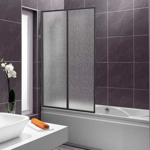 ISOISL Paroi de douche pour baignoire en plastique, anti-éclats, 100 x 140 cm, pliable en 2 parties, cadre en aluminium noir, montage à gauche/droite, avec aspect goutte