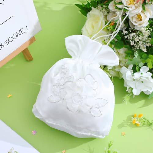 Bolso nupcial de raso blanco para boda, con cordón, para novia o damas de honor, ideal como bolsa de favores o para dulces, 8,85 x 8,66 pulgadas miniatura 3