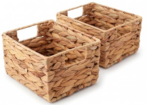 2er Set Aufbewahrungskorb aus Wasserhyazinthe Rechteckiger Flechtkorb mit Griffen Kleiner Regalkorb handgeflochten & stabil Natur Deko-Korb für Bad Küche & Regal 21 x 16 x 12 cm