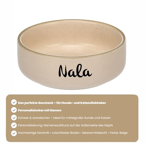 Personalisierbarer Keramik-Futter- & Wassernapf 750 ml (M) Beige – schwer & rutscharm – spülmaschinengeeignet & hygienisch – für mittelgroße Hunde & große Katzen – personalisiert mit Namen – Petslino