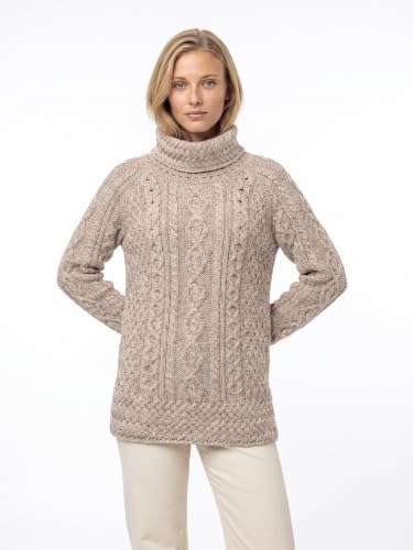 Image of Carraig Donn - Ladies - 100% Soft Merino Wool - Cable Knit Sweeter Vented Roll Neck Irish Jumper