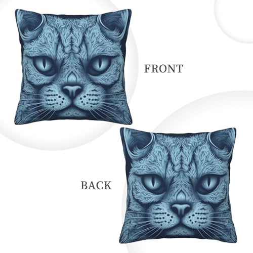Housse de coussin chat bleu velours côtelé déco canapé 45x45