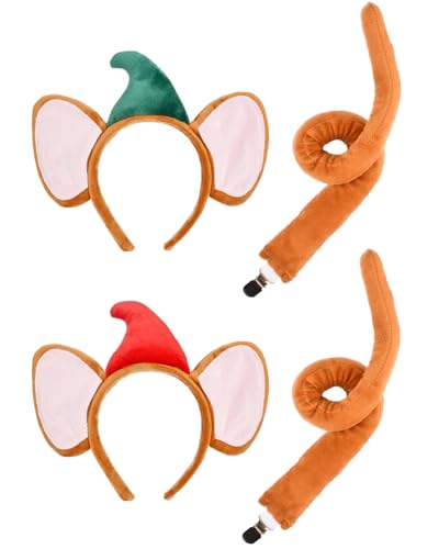 PATURPINT Mouse Ears Headband and Tail Set Plush Animal Costume Accessories with Elf Hat Red and Green 2 Pack