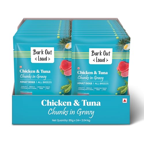 Image of Bark Out Loud Wet Dog Food Chunks | Chicken & Tuna Gravy Food for Adult Dogs | Grain-Free, Pea Protein with Omega Fatty Acids | Healthy & Tasty Meal for Dogs | 85g (Pack of 24)