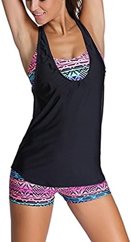 Arainlo Women Bathing Suits 3 Piece Printed Sports Bra Print Tankini Swimwear Black Vest with Boyshort Medium