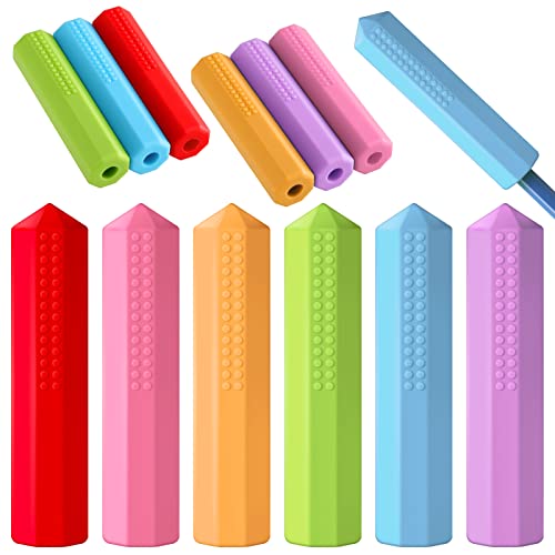 Eersida 6 Pieces Sensory Chew Pencil Toppers Set Chewable Silicone Pencil Toppers Bulk for Chewers with Oral Motor Needs (Red Pink Orange Purple Blue Green)