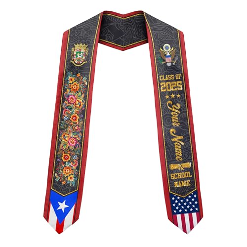 MonkeyVan Custom Puerto Rican Graduation Stole, Puerto Rico Graduation Sash, Puerto Rico American Flag Grad Sash Class Of 2025 Pr 14