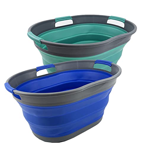 SAMMART 25L (6.6 gallon) Collapsible Plastic Laundry Basket - Foldable Pop Up Storage Container/Organizer - Portable Washing Tub - Space Saving Hamper/Basket (Purplish Blue + Turquoise Blue)