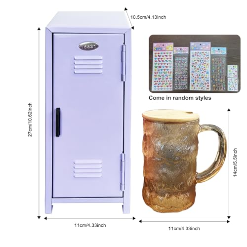Image of Mini Locker with Lock Key Stickers Box Metal Small Locker Mini Locker Miniature Storage Girls Lockbox Desktop Storage Organizer for Cash Money Jewelry Safe Dollhouse Furniture Accessories (Purple)