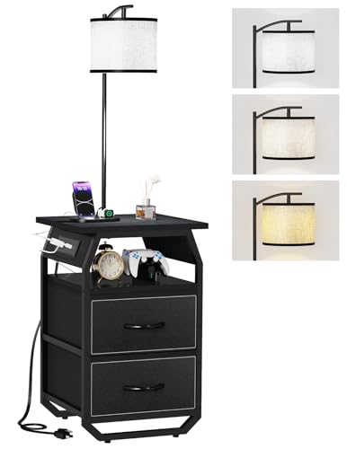 Image of runjuly Floor Lamp with Table, End Table with Charging Station&Light, Black