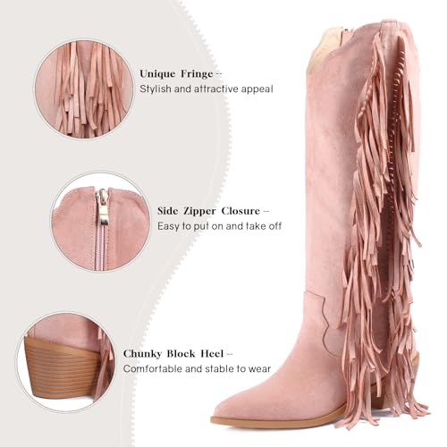 Image of KiutSymo Cowgirl Fringe Boots For Women White Tassels Cowboy Boots Knee High Pointed Toe Western Boots