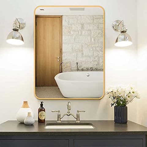 Koonmi Gold Wall Mirror 24" x 32" Bathroom Vanity Mirror with Rounded Corner, Rectangular Aluminum Alloy Frame for Bedroom, Entryway, and Living Room Hang Horizontal or Vertical Cover