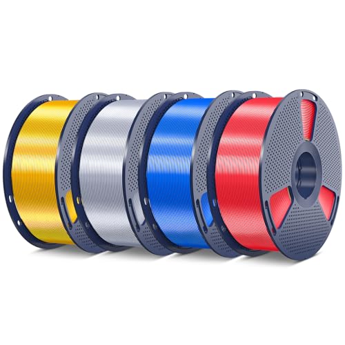SUNLU Silk PLA Plus Filament 4kg Bundle,Shiny Silk Surface PLA+ 3D Printer Filament 1.75mm ±0.02mm,Glossy 3D Printing Filament,Good Vacuum Packaging,1kg Spool,4 Packs.(Silver+Light Gold+Blue+Red)