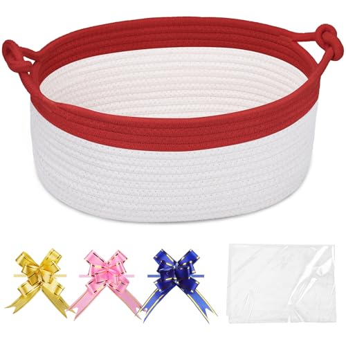 Image of COMSE Small Gift Basket Empty with Bag & Ribbons, Red & White